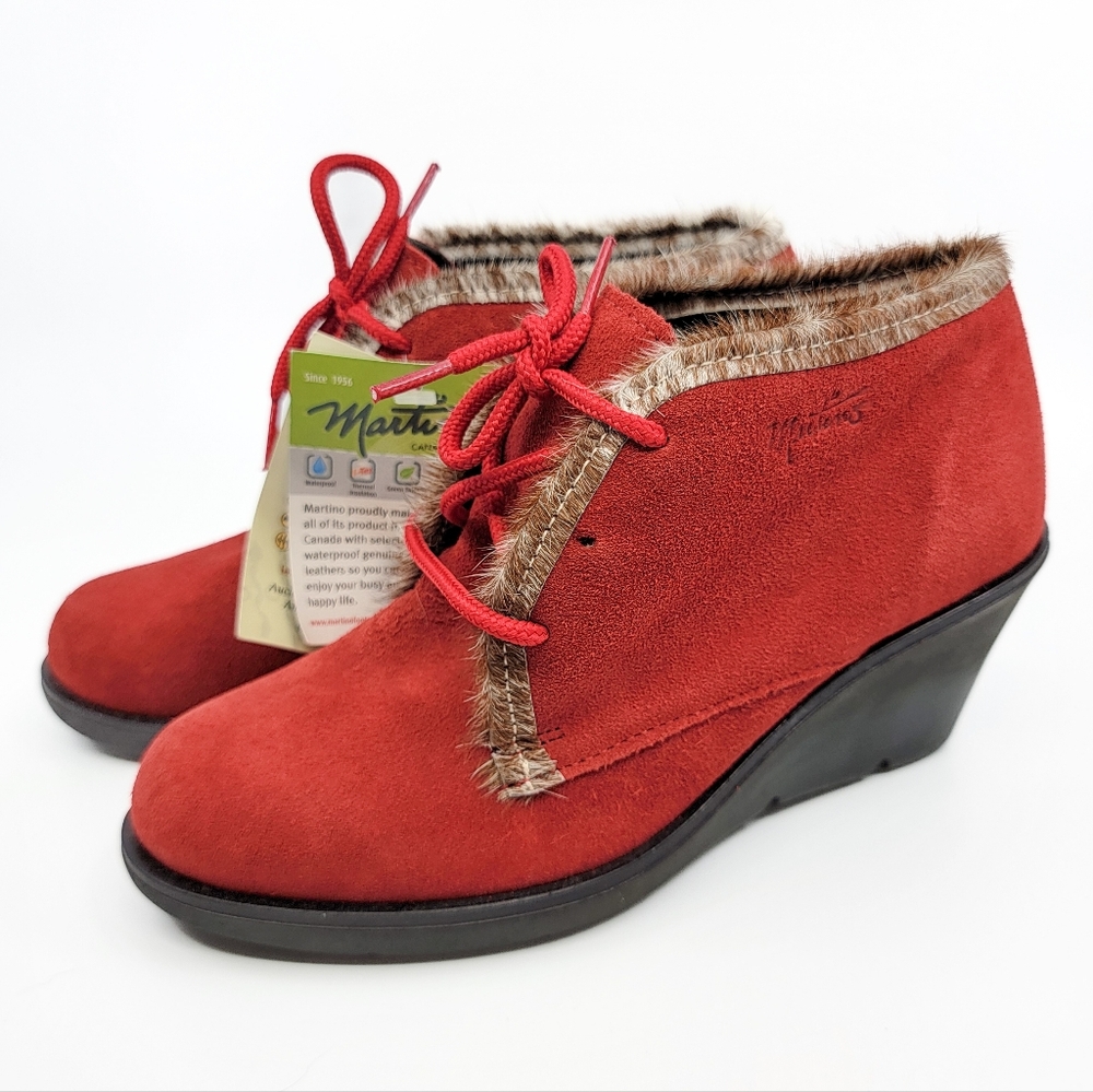 Martino Red Suede Ankle Bootie Wedges Made in Canada Size 7.5